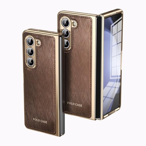 Kompatibel mit Samsung Galaxy Z Fold 5 Klappetui mit Displayschutzfolie, Luxus PU-Leder Slim Fit Handyhülle - Vergoldete Kanten, Fall-, Kratz- und Stoßschutz (Braun) von HUOLUNGJIN