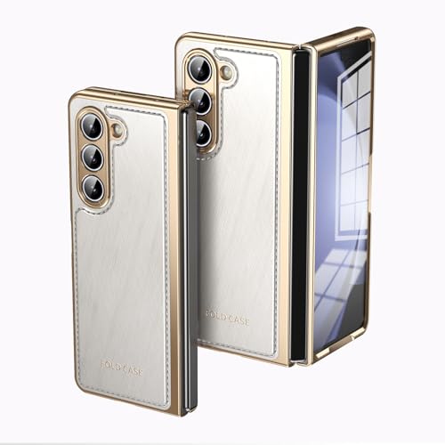 Kompatibel mit Samsung Galaxy Z Fold 5 Klappetui mit Displayschutzfolie, Luxus PU-Leder Slim Fit Handyhülle - Vergoldete Kanten, Fall-, Kratz- und Stoßschutz (Weiß) von HUOLUNGJIN