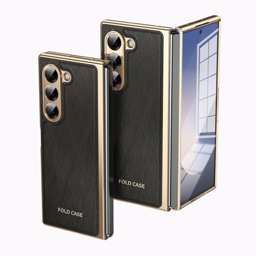 Kompatibel mit Samsung Galaxy Z Fold 6 Klappbare Hülle mit Displayschutzfolie, Luxus PU Leder Slim Fit Handyhülle - Vergoldet Gold Edge Drop Scratch & Shock Protection Case (Schwarz) von HUOLUNGJIN