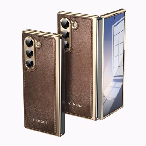 Kompatibel mit Samsung Galaxy Z Fold 6 Klappetui mit Displayschutzfolie, Luxus PU-Leder Slim Fit Handyhülle - Vergoldete Kanten, Fall-, Kratz- und Stoßschutz (Braun) von HUOLUNGJIN