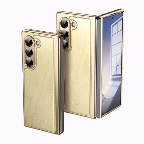 Kompatibel mit Samsung Galaxy Z Fold 6 Klappetui mit Displayschutzfolie, Luxus PU-Leder Slim Fit Handyhülle - Vergoldete Kanten, Fall-, Kratz- und Stoßschutz (Gold) von HUOLUNGJIN