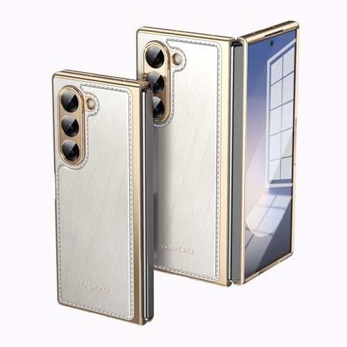 Kompatibel mit Samsung Galaxy Z Fold 6 Klappetui mit Displayschutzfolie, Luxus PU-Leder Slim Fit Handyhülle - Vergoldete Kanten, Fall-, Kratz- und Stoßschutz (Weiß) von HUOLUNGJIN