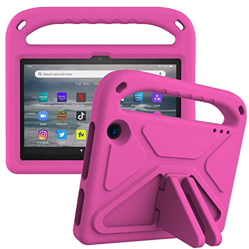 Tablet-Schutzhülle für Kinder, kompatibel mit Amazon Fire 7 (2022), Hülle mit Ständer, strapazierfähig, stoßfest, EVA-Schutzhülle mit Griff/Schultergurt, Stoßschutz, für Kinder, Rosa von HUOLUNGJIN
