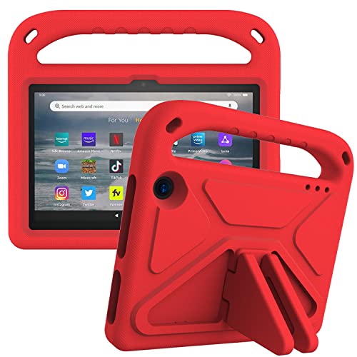 Tablet-Schutzhülle für Kinder, kompatibel mit Amazon Fire 7 (2022), Hülle mit Ständer, strapazierfähig, stoßfest, EVA-Schutzhülle mit Griff/Schultergurt, Stoßschutz, für Kinder, Rot von HUOLUNGJIN