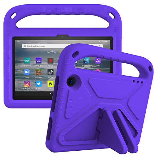 Tablet-Schutzhülle für Kinder, kompatibel mit Amazon Fire 7 (2022), Hülle mit Ständer, strapazierfähig, stoßfest, EVA-Schutzhülle mit Griff/Schultergurt, Stoßschutz, für Kinder, Violett von HUOLUNGJIN