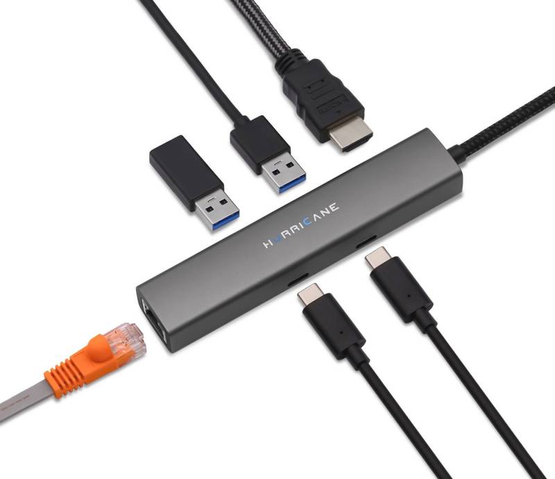 HURRICANE Laptop-Dockingstation 6 in 1 Port USB-Verteiler USB-C HUB 100W PD LAN Ethernet RJ45 4K HDMI, kompatibel mit Laptop, Notebook, MacBook, PC, HDD von HURRICANE
