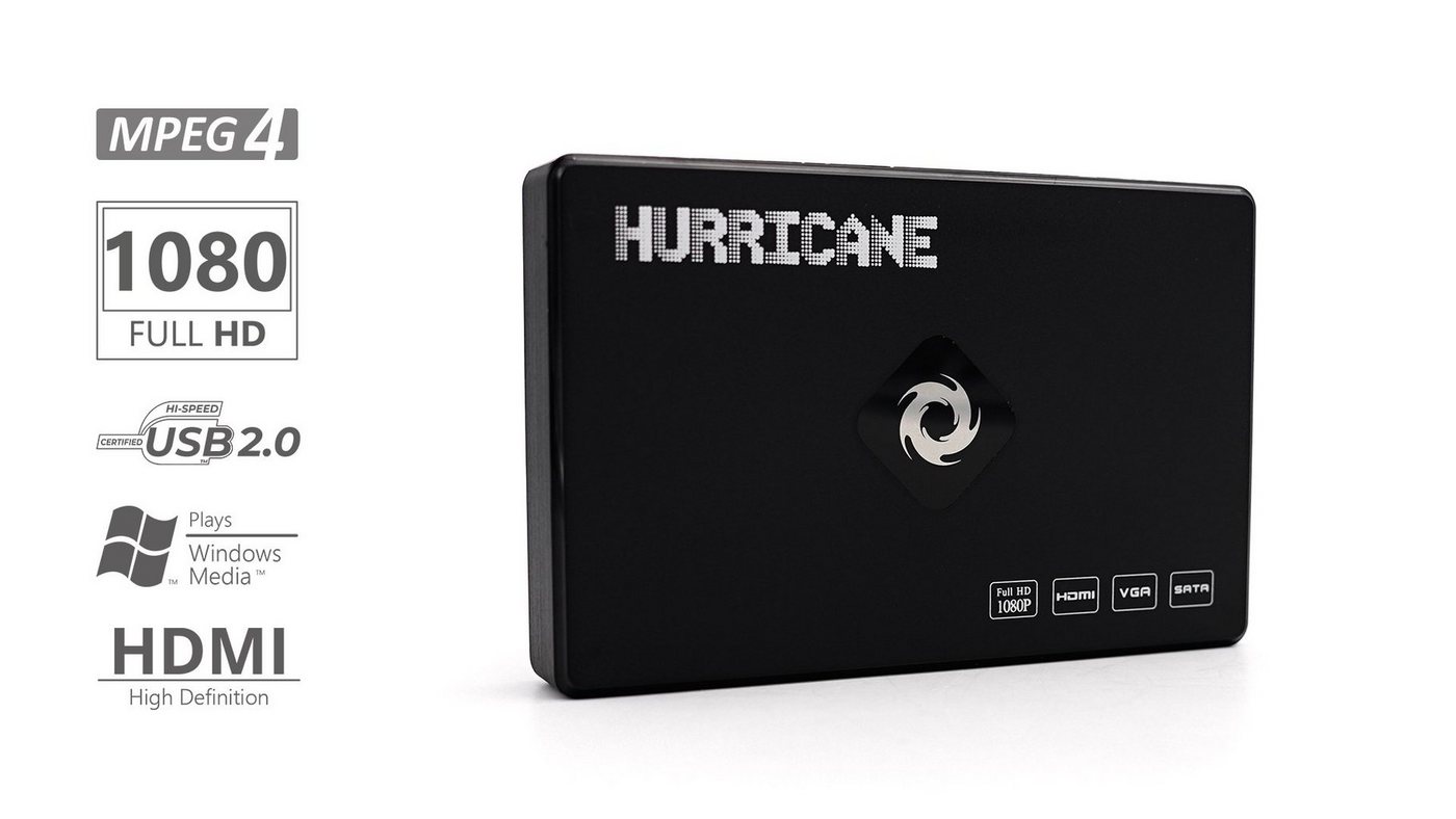 HURRICANE Streaming-Box HURRICANE Streaming-Box 750GB HDD Full HD (1920*1080) Media-Player, (SD Card slot (max 32GB), HDMI USB 2.0 slot), SATA HDD Anschluss, MKV, MP4, MP3, JPEG von HURRICANE