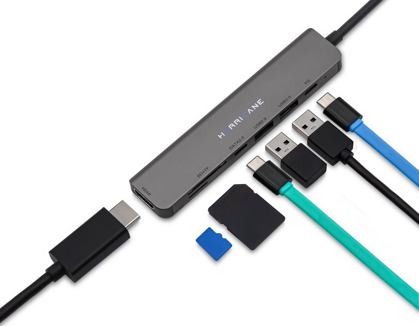 HURRICANE USB-Verteiler C0914 USB-C Hub Aluminium Dockingstation 7 in 1 Multiport 4K HDMI, PD 60W USB 3.0 microSD/SD/TF Karteneser für Laptop MacBook PC HDD von HURRICANE