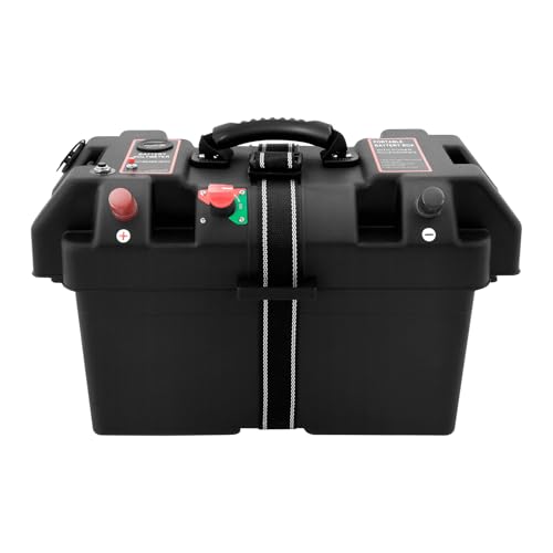 HUSPOO Batteriebox für Bootsmotor mit Doppelte USB Anschlüsse, Batteriekasten Boot mit Akku-Anzeige, Batterie Kasten Box für Marine Boot RV Camping, Batterie Nicht enthalten, Schwarz von HUSPOO