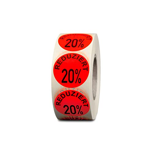 HUTNER Aktionsetiketten"Reduziert 20%" ø 32mm leucht-rot permanent 10.000 runde Aufkleber, Haftetiketten, runde Etiketten von HUTNER