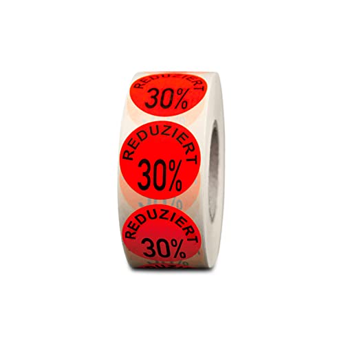 HUTNER Aktionsetiketten"Reduziert 30%" ø 32mm leucht-rot permanent 1.000 runde Aufkleber, Haftetiketten, runde Etiketten von HUTNER