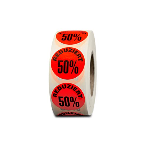 HUTNER Aktionsetiketten"Reduziert 50%" ø 32mm leucht-rot permanent 10.000 runde Aufkleber, Haftetiketten, runde Etiketten von HUTNER
