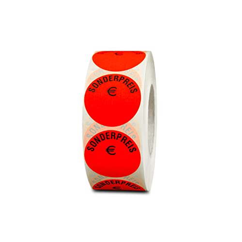 HUTNER Aktionsetiketten"Sonderpreis €" ø 32mm leucht-rot permanent 1.000 runde Aufkleber, Haftetiketten, runde Etiketten von HUTNER