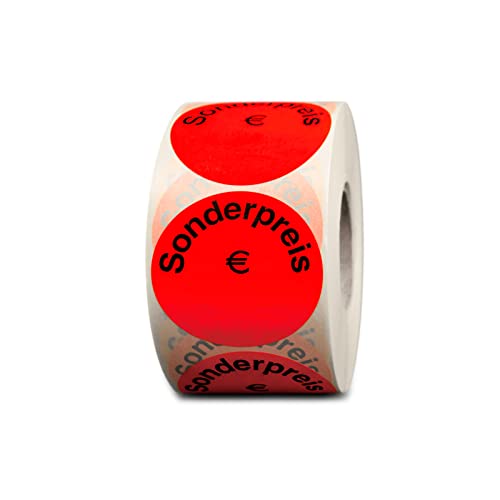 HUTNER Aktionsetiketten"Sonderpreis €" ø 50mm leucht-rot permanent 1.000 runde Aufkleber, Haftetiketten, runde Etiketten von HUTNER