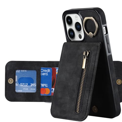 HUTRADE iPhone 15/15 Plus/15 Pro/15 Pro Max Geldbörsen-Hülle mit Bildschirmschutz, Reißverschluss-RFID-Kartenhalter & Ringständer – Leder-Handyhülle für Damen & Herren (Schwarz, iPhone 15 Pro Max) HUTRADE iPhone 15/15 Plus/15 Pro/15 Pro Max Geldbörsen-Hülle mit Bildschirmschutz, Reißverschluss-RFID-Kartenhalter & Ringständer – Leder-Handyhülle für Damen & Herren (Schwarz, iPhone 15 Pro Max) von HUTRADE