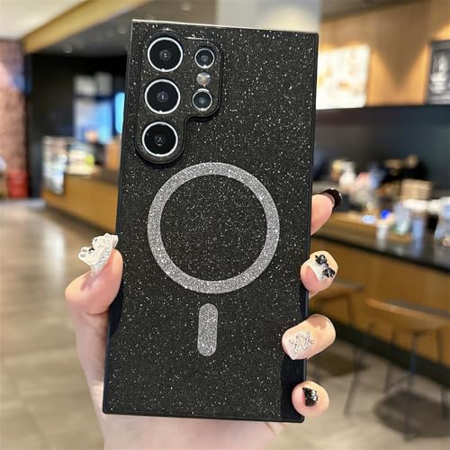 Luxuriöse Glitzer-Lederhülle für Samsung Galaxy S25 S24 S23 S22 Ultra Plus, magnetische kabellose Ladehülle, Schwarz, für Samsung S24 Plus von HUUMAGIC