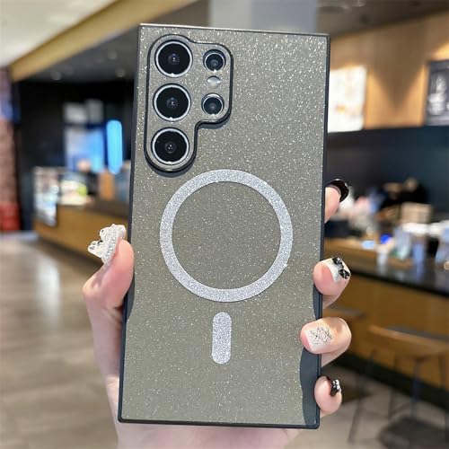 Luxuriöse Glitzer-Lederhülle für Samsung Galaxy S25 S24 S23 S22 Ultra Plus, magnetische kabellose Ladehülle, grau, für Samsung S25 Luxuriöse Glitzer-Lederhülle für Samsung Galaxy S25 S24 S23 S22 Ultra Plus, magnetische kabellose Ladehülle, grau, für Samsung S25 von HUUMAGIC