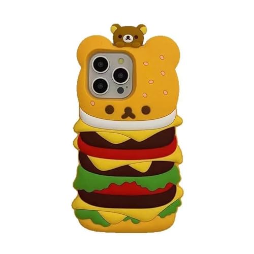 Weiche Silikonhülle für Apple Brown Teddybär Käse Burger Rind Hamburger Essen 3D Cartoon Japanisch Kreativ Spaß Lustig Interessant Cool Einzigartig Besondere Kinder Mädchen (für iPhone 16 Pro Max) von HUXCASE