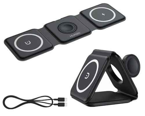 HUXGO® Wireless Charger 3-in-1 Faltbarer Magnetisch | Kabelloses QI Ladestation für Handy, iPhone und SmartWatch | Kompakt und Tragbar Aufladestation mit Überladeschutz, schwarz von HUXGO