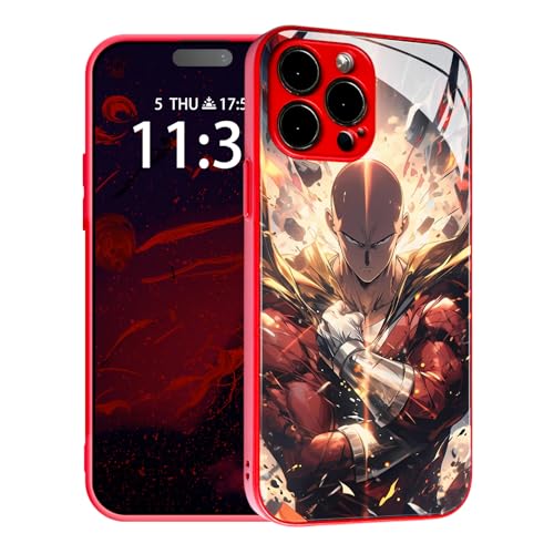 HWLHJJ Beliebte Anime-Charakter-Farb-Handyhülle – wasserdichtes Design, Glasschale, Manga, mehrfarbige Schutzhülle (Rot, Saitama OPM,für iPhone 14 Pro) von HWLHJJ