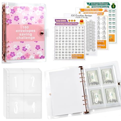 HWSWSH Budget Planner Challenges, Geld Sparen Envelope Saving Challenge mit Ringbuch A5, Sparbuch Sparmappe für Geld, Budgetplaner, Geldsparmappe, Geld Organizer Sparen Mappe, Budget Binder (Pink) von HWSWSH