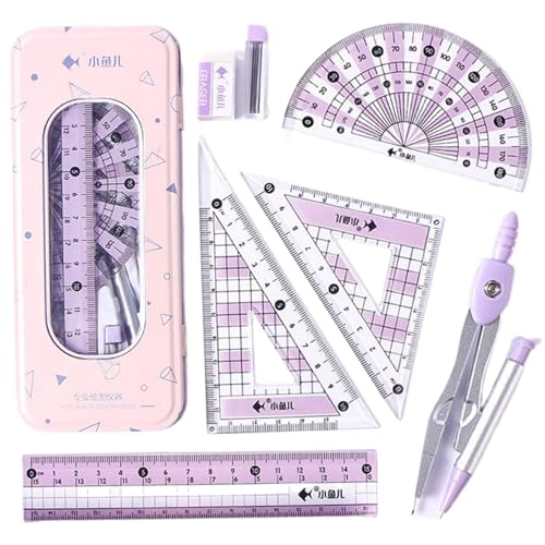 Geometrie -Set (7pcs) Clear Scale Lineal Set umfassende Mathematik umfasst Herrscher, Gummi, Kompass- und Nachfüllstudentenversorgung für das Lernen, Zeichnen der Geometrie von HWXZUUO