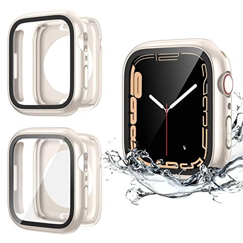 HWeggo [2 Stück] Wasserdicht Hülle für Apple Watch Series 9/8/7 Schutzhülle 41mm,360°PC-Abdeckung mit Hartglas Displayschutz,Vorderseite & Rückseite Stoßstange für iWatch 9/8/7(Sternenlicht*2) von HWeggo