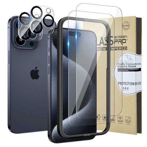 HWeggo 2+2PACK Displayschutzfolie mit Kameraobjektivschutz für iPhone 15 Pro,Kostenlose Schutzhülle mit einfachem Installationstablett,HD Klar 9H Härte kratzfest von HWeggo