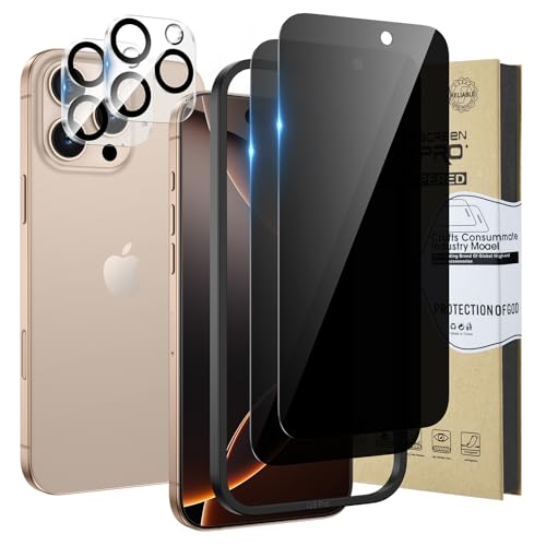 HWeggo 2+2PACK für iPhone 16 Pro Blickschutz-Displayschutzfolie und Kameraobjektivschutz,Kostenloses Case mit einfachem Installationstablett,HD Klar 9H Härte Anti Spionage Privat gehärtetes Glas Film von HWeggo