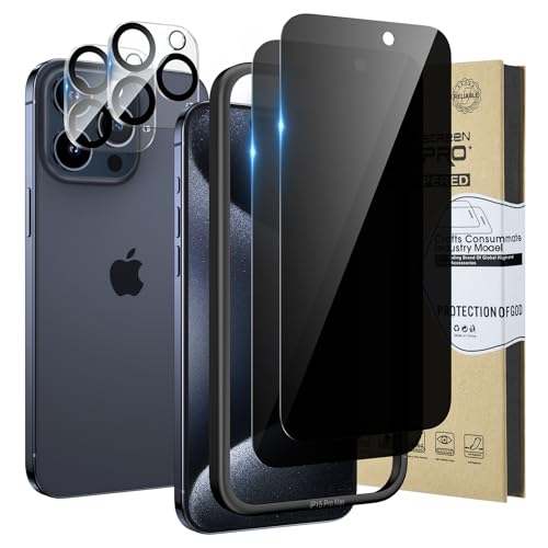 HWeggo 2+2PACK iPhone 15 Pro Max Blickschutz-Displayschutzfolie und Kameraobjektivschutz,Kostenloses Case mit einfachem Installationstablett,HD Klar 9H Härte Anti Spionage Privat gehärtetes Glas Film von HWeggo