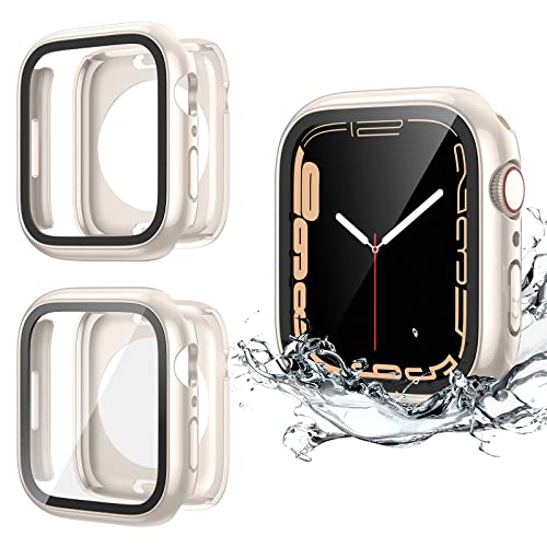 HWeggo [2 Stück] Wasserdicht Hülle für Apple Watch Series 9/8/7 Schutzhülle 45mm,360°PC-Abdeckung mit Hartglas Displayschutz,Vorderseite & Rückseite Stoßstange für iWatch 9/8/7(Sternenlicht*2) von HWeggo