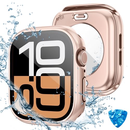 HWeggo [2 in 1 Wasserdicht Hülle für Apple Watch Series 10 Schutzhülle 42mm,360°PC-Abdeckung mit Hartglas Displayschutz,Vorderseite & Rückseite Stoßstange für iWatch 10 (Roségold) von HWeggo