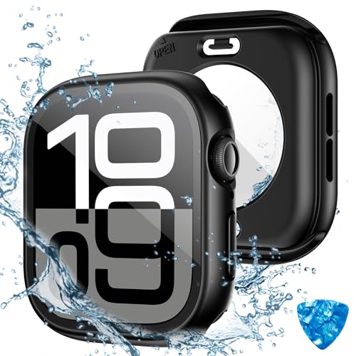 HWeggo [2 in 1 Wasserdicht Hülle für Apple Watch Series 10 Schutzhülle 42mm,360°PC-Abdeckung mit Hartglas Displayschutz,Vorderseite & Rückseite Stoßstange für iWatch 10 (Schwarz) von HWeggo