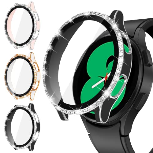 HWeggo [3 Stück] Glitzer Gehäuse für Samsung Galaxy Watch 4 Hülle 40mm,Harter PC Hülle mit Hartglas Displayschutz,Stoßfest Anti-Kratz Schutzhülle mit Kristall für Samsung Watch 4 von HWeggo