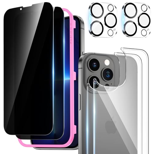 HWeggo Sichtschutz Schutzfolie Kompatibel für iPhone 13 Pro Max 2 Stück und 2 Stück Kamera Schutzfolie 2 Stück Rückseite Displayschutzfolie 9H Hartglas Einfaches Installationswerkzeug-6 in 1 von HWeggo