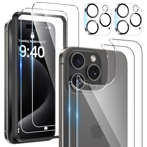 HWeggo 2 Stück Schutzfolie Kompatibel für iPhone 15 Pro Max und 2 Stück Kamera Schutzfolie 2 Stück Rückseite Displayschutzfolie 9H Hartglas Einfaches Installationswerkzeug-6 in 1 von HWeggo