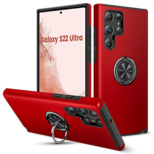 HWeggo Handyhülle für Samsung Galaxy S22 Ultra, Galaxy S22 Ultra 5G Hülle mit 360° Magnetischer Drehbarer Ständer, TPU Flexibler Rahmen, Harte PC Rückseite und Anti-Kratzer Stoßfeste (Rot) von HWeggo