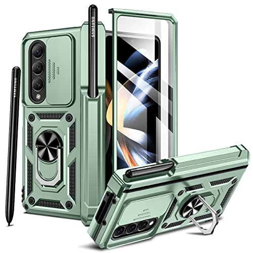 HWeggo Handyhülle für Samsung Galaxy Z Fold 4 Hülle mit Schiebe-Kamera-Abdeckung und Ring-Ständer, faltbarem TPU-Rahmen und Harter PC-Rückseite, stoßfester Anti-Scatch-Schutzhülle(Grün) von HWeggo