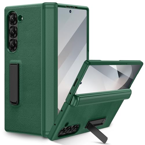 HWeggo Hülle für Samsung Galaxy Z Fold 6 mit Ständer & Panzerglas Displayschutzfolie, Robuste Ganzkörper-Handyhülle, Militär Schutzhülle mit Scharnierschutz (Grün) von HWeggo