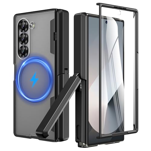 HWeggo für Samsung Galaxy Z Fold 6 Fall mit Kickstand & Front Screen Protector, mit magnetischen Lade Magnetscharnier Schutz, stoßfest schützende Telefon Fall Abdeckung, schwarz von HWeggo