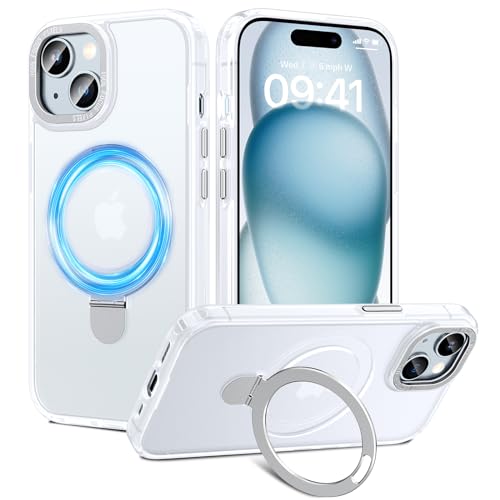 HWeggo für iPhone 15 Hülle Magnetisch,Kompatibel mit Magsafe,Durchscheinende Matt rutschfeste Handyhülle mit Unsichtbar Ständer,Militärische Stoßfeste Schutzhülle(Klar-weiß) von HWeggo