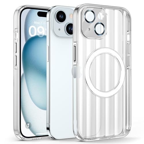 HWeggo für iPhone 15 Hülle Magnetisch,Kompatibel mit Magsafe,Durchscheinende Nicht Vergilbend Handyhülle mit Einteiliges 9H gehärtetes Glas Kamera Schutz,Thermisch&Kratzfest,Weiß von HWeggo