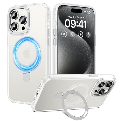HWeggo für iPhone 15 Pro Hülle Magnetisch,Kompatibel mit Magsafe,Durchscheinende Matt rutschfeste Handyhülle mit Unsichtbar Ständer,Militärische Stoßfeste Schutzhülle(Klar-weiß) von HWeggo
