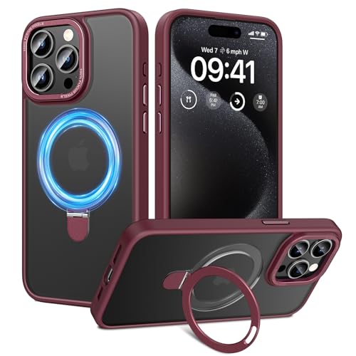HWeggo für iPhone 15 Pro Max Hülle Magnetisch,Kompatibel mit Magsafe,Durchscheinende Matt rutschfeste Handyhülle mit Unsichtbar Ständer,Militärische Stoßfeste Schutzhülle(Jujube Rot) von HWeggo