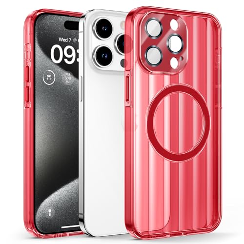 HWeggo für iPhone 15 Pro Max Hülle Magnetisch,Kompatibel mit Magsafe,Durchscheinende Nicht Vergilbend Handyhülle mit Einteiliges 9H gehärtetes Glas Kamera Schutz,Thermisch&Kratzfest,Rot von HWeggo