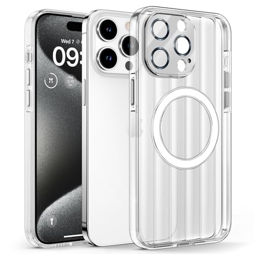 HWeggo für iPhone 15 Pro Max Hülle Magnetisch,Kompatibel mit Magsafe,Durchscheinende Nicht Vergilbend Handyhülle mit Einteiliges 9H gehärtetes Glas Kamera Schutz,Thermisch&Kratzfest,Weiß von HWeggo