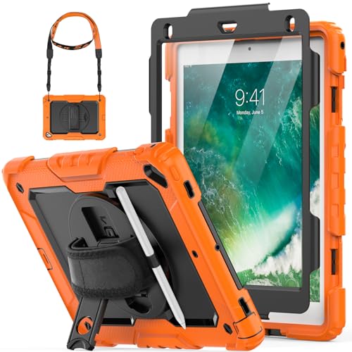 HXCASEAC Full Body, stoßfeste Schutzhülle für iPad 24,6 cm (9,7 Zoll) 2017/2018 (iPad 6th/5th Generation Hülle, Air 2) mit 360-Grad-Drehgelenk, Handschlaufe/Schultergurt und Displayschutzfolie Orange von HXCASEAC