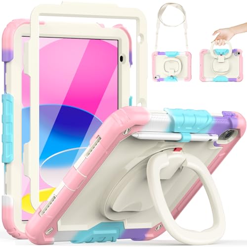HXCASEAC Schutzhülle für iPad 11. (A16) / 10. Generation, mit 360 Grad drehbarem Griff, Displayschutzfolie, Stifthalter, Regenbogenrosa von HXCASEAC