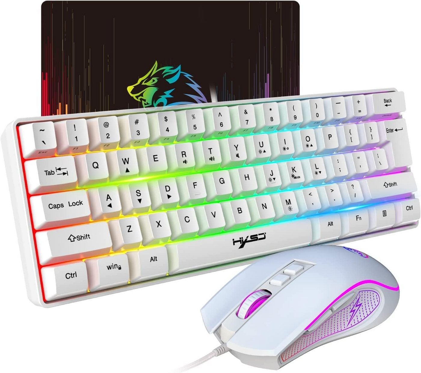 HXSJ 60% Kompakte Tastatur,61 Tasten,TKL Layout,RGB-Beleuchtung Tastatur- und Maus-Set, Optische Gaming-Sensormaus mit 7 Tasten,7-Farbiges LED-Licht von HXSJ