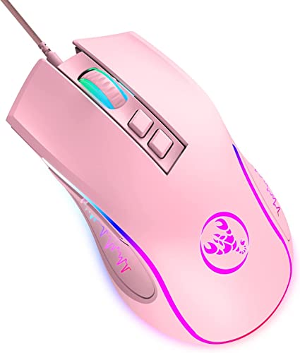 HXSJ X100 Gaming-Maus mit Kabel,Ergonomische PC-Gaming-Mäuse mit 7-Farbigen LED-Leuchten,7 Tasten,Optischem Gaming-Sensor,4 DPI-Level-Einstellungen,Bis zu 3600 DPI,Leicht,für PC,Mac,PS4–Rosa von HXSJ
